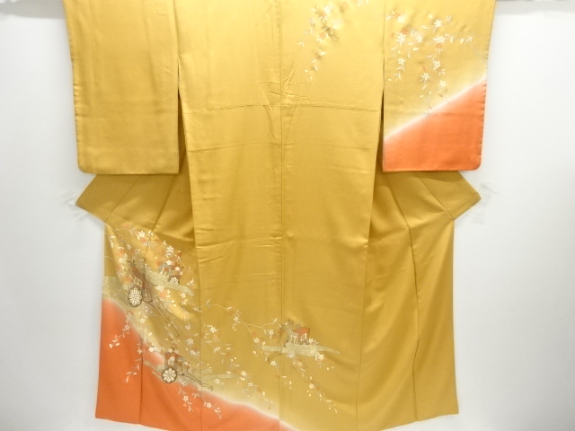 JAPANESE KIMONO / HOMONGI / SILK / CARRIAGE & WEEPING SAKURA